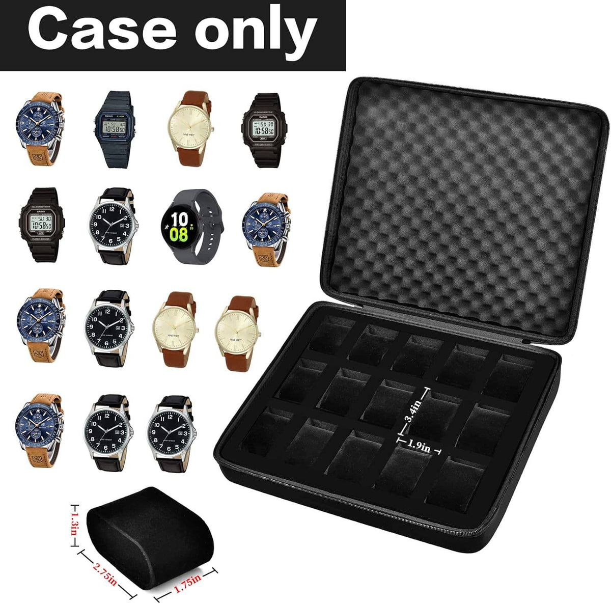 Black 15-slot watch storage case with textured lid, open compartments for watches