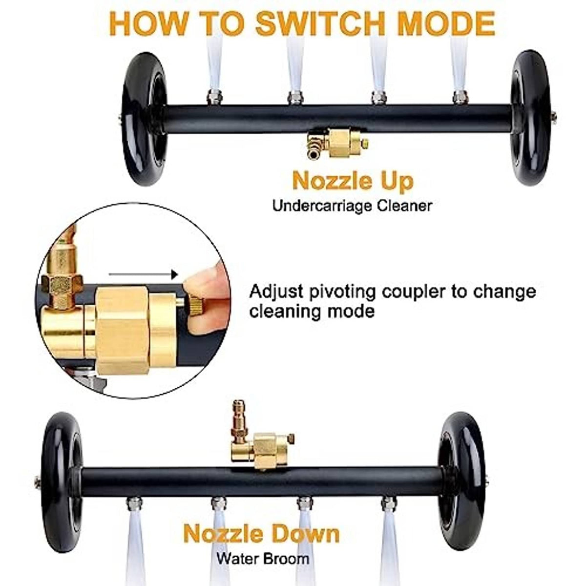 Undercarriage cleaner attachment with brass adjustable coupler for nozzle up/down modes