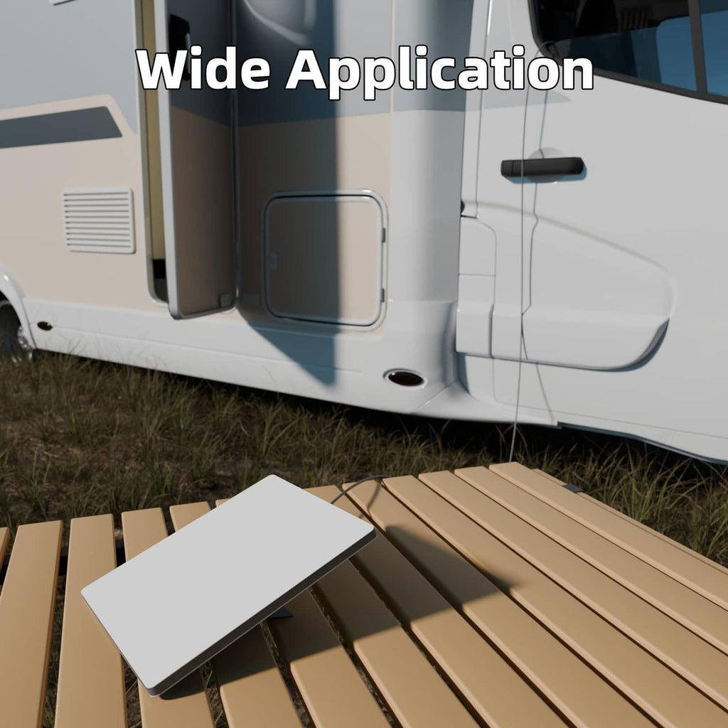 DC adapter power module with cable connected on RV interior panel, ready for vehicle use