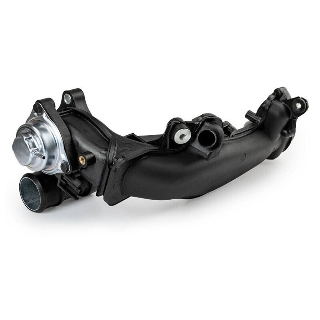Black turbo charge air pipe joint with circular inlet port and bracket hardware