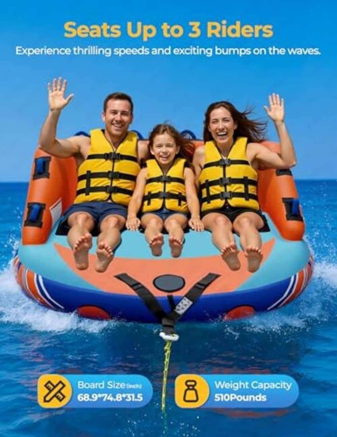 Three-person inflatable boat tube with three seated riders in yellow life vests