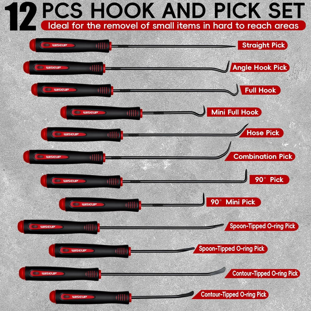 12 hook and pick tools with curved metal tips and black-red handles, laid out.