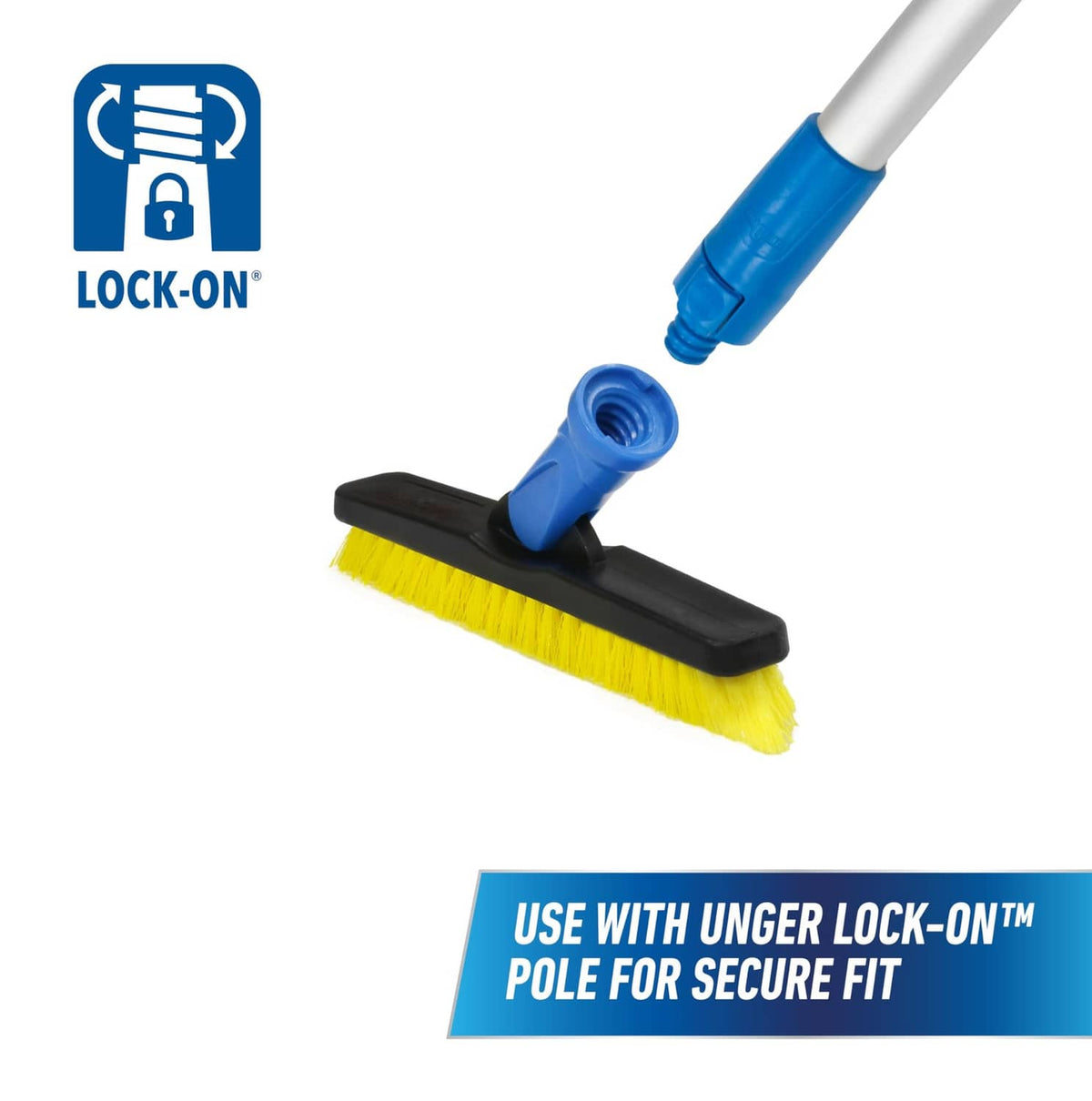 Swivel grout brush with blue Lock-On thread connector and yellow bristles, black head