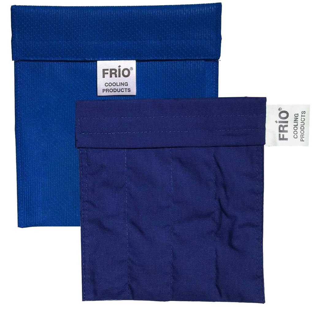 Blue and dark blue FRIO cooling wallet with fold-over flap and open front pocket