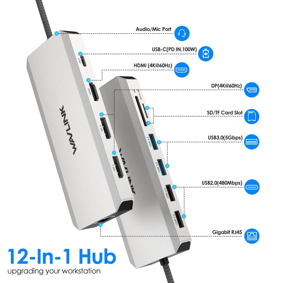 Silver laptop docking station showing side ports, including USB-C and display connectors