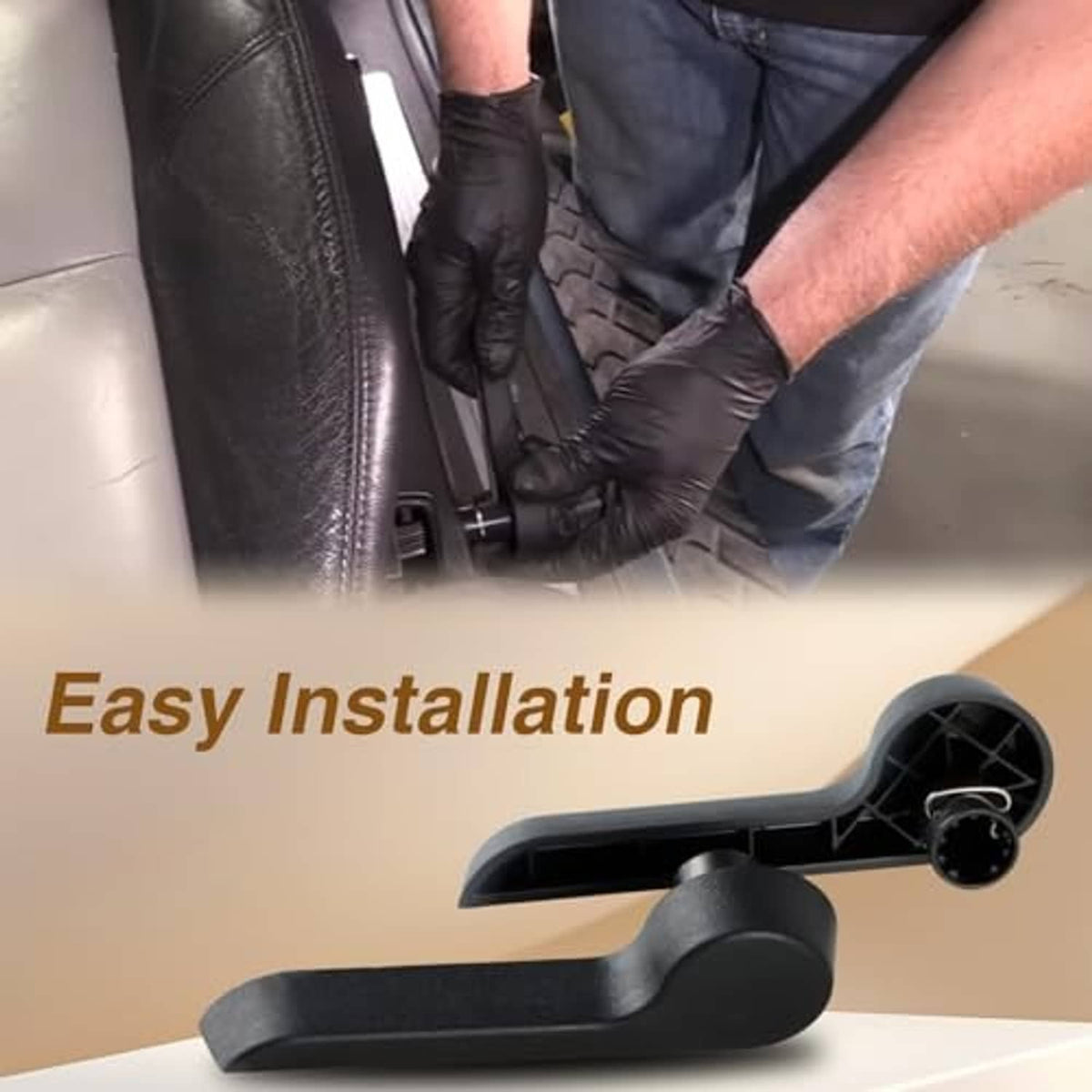 Black recliner seat handle lever shown during installation with gloves