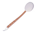 Wood-handled lotion applicator with round light pad and soft fringe edge