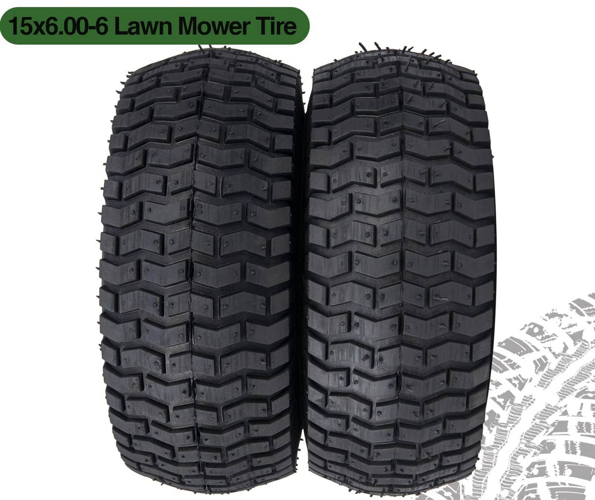 Pair of black lawn mower tires with silver wheel rims and square block tread