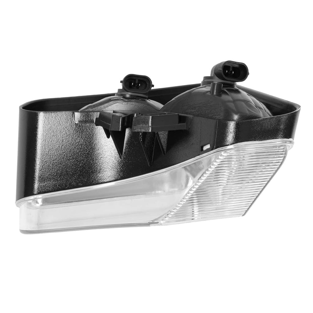 Right headlight lamp with clear lens, black housing, and two electrical connectors
