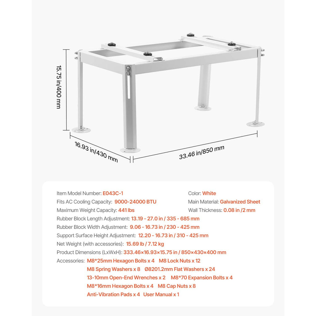 White adjustable mini split outdoor unit ground stand with corner bolts and four support legs
