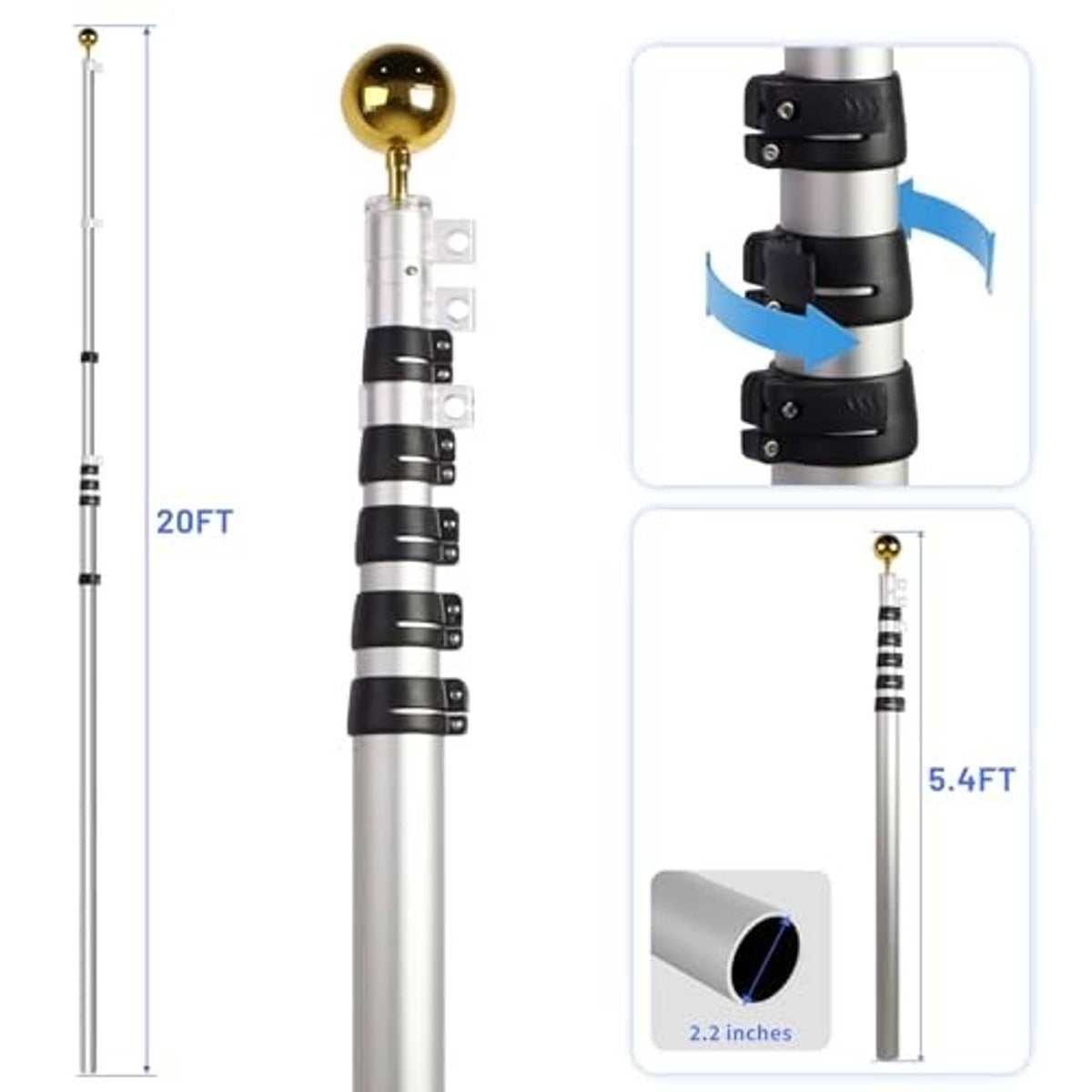 20ft telescopic flag pole with gold finial, black bands, and included mounting brackets