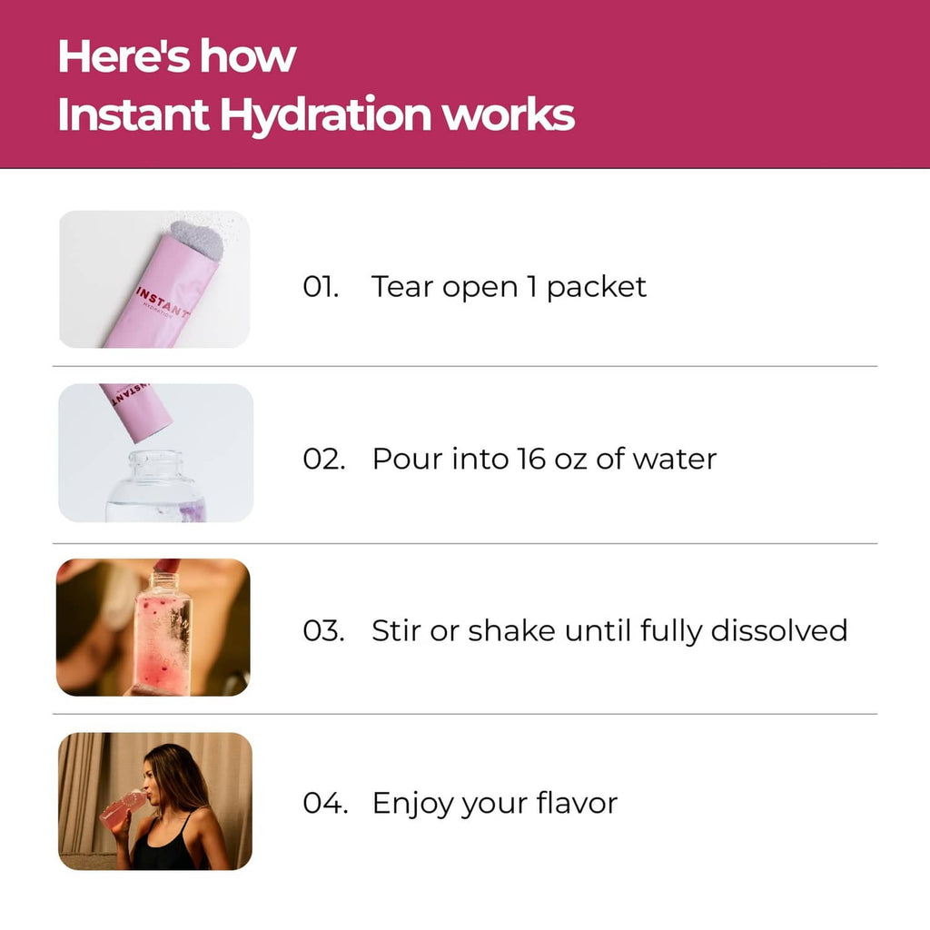 Lychee electrolyte drink mix instructions diagram with tear, pour, and stir steps