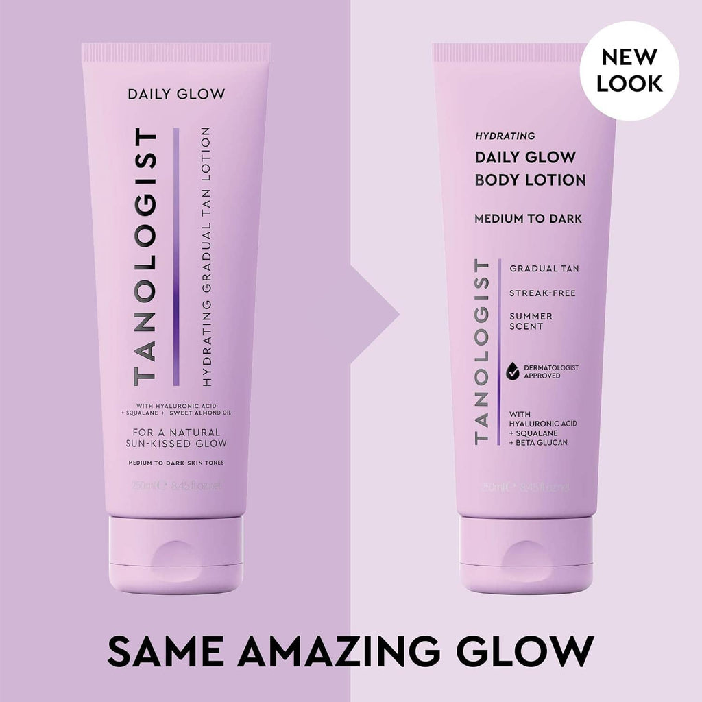 Two lavender daily glow body lotion tubes with new look label
