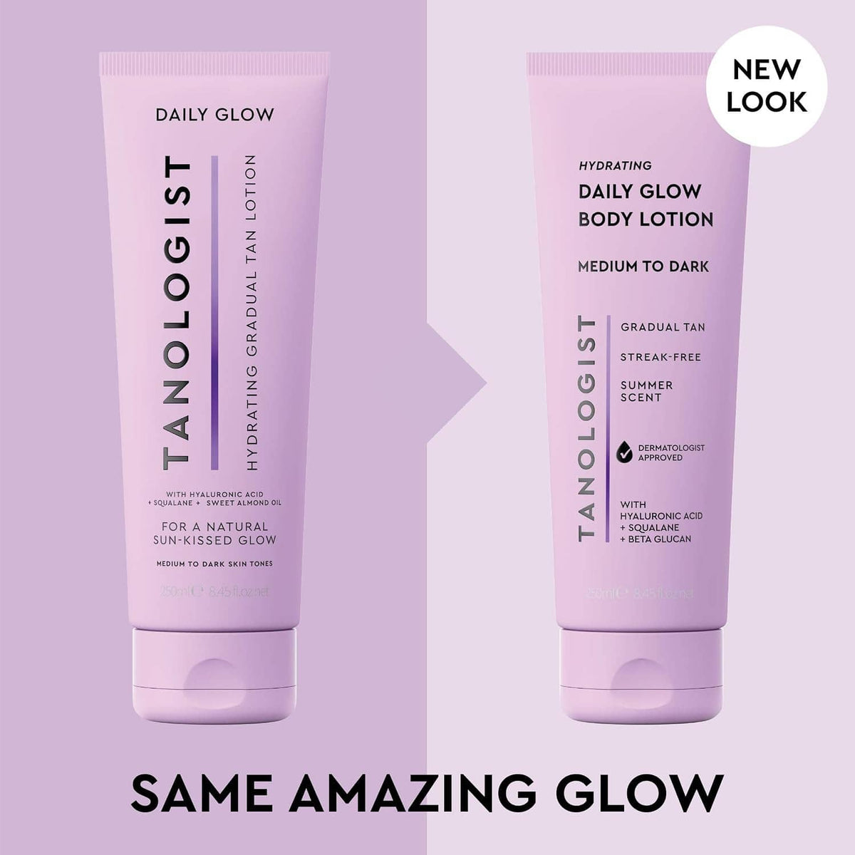 Two lavender daily glow body lotion tubes with new look label