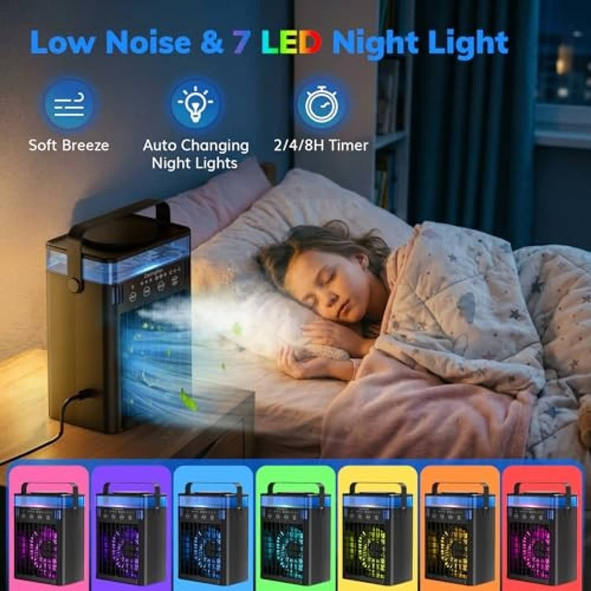 Black portable air conditioner with blue LED night light and illuminated cooling airflow