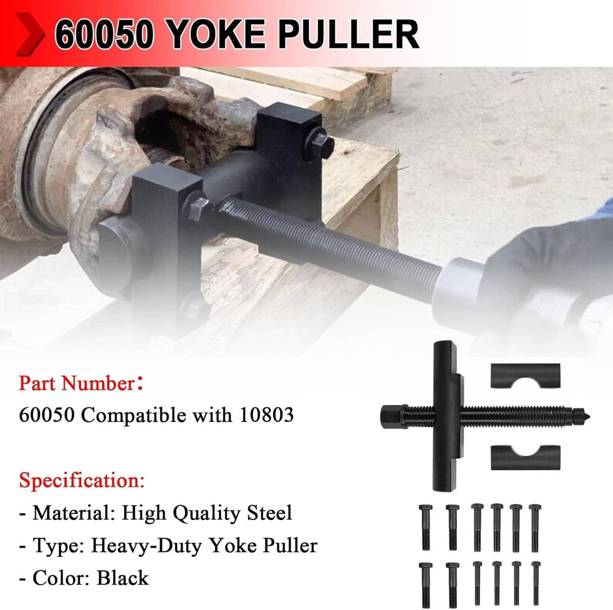 Black yoke puller tool with long threaded screw, pull bars, and included bolts