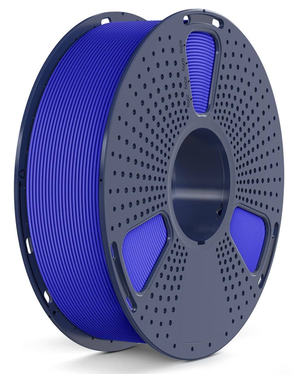 Blue PETG 3D printer filament spool on a gray plastic reel