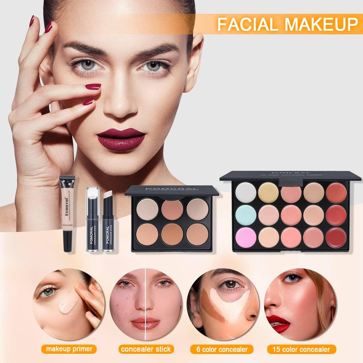 Facial makeup set with concealer stick, liquid concealer, and multi-tone face palette