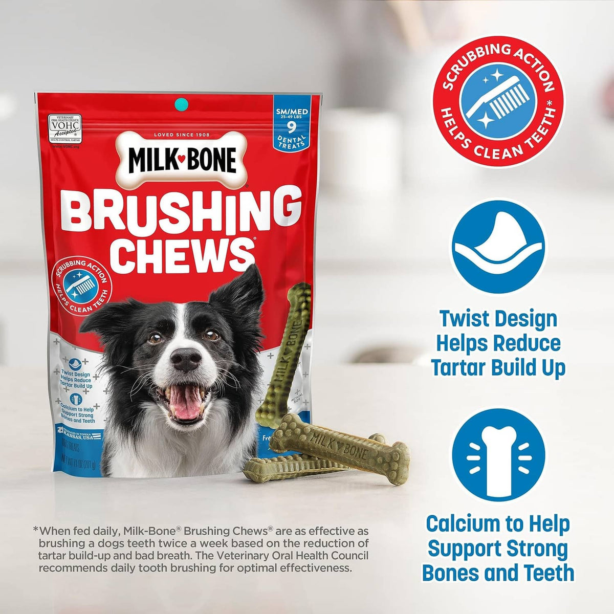 Milk-Bone Brushing Chews dog dental treat bag with fresh mint flavored, bone-shaped chews