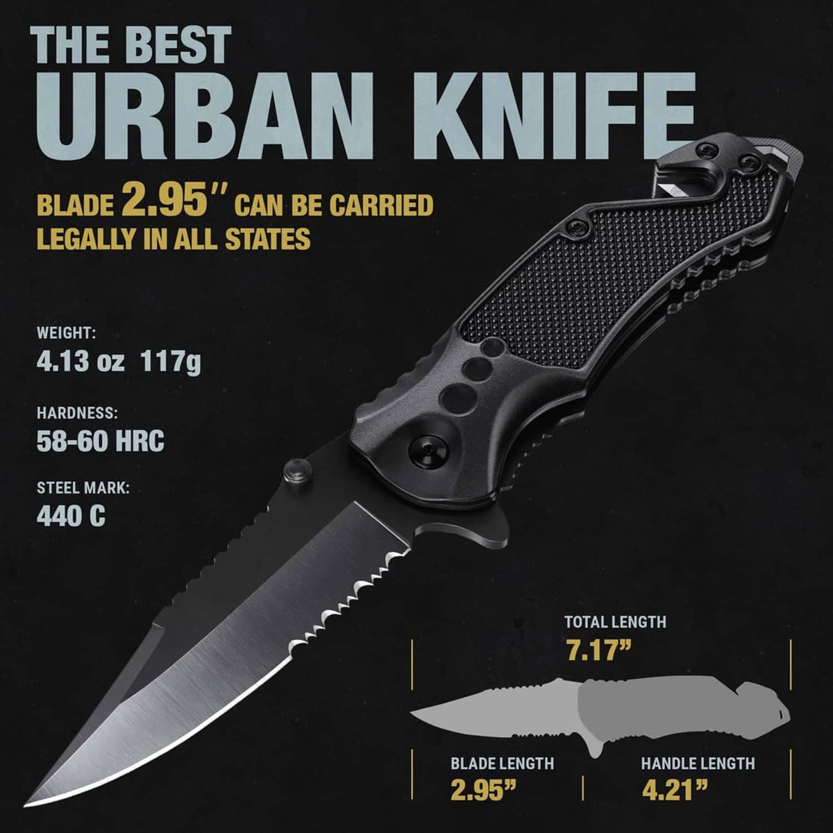 Black folding knife with serrated blade and textured handle, shown with size details
