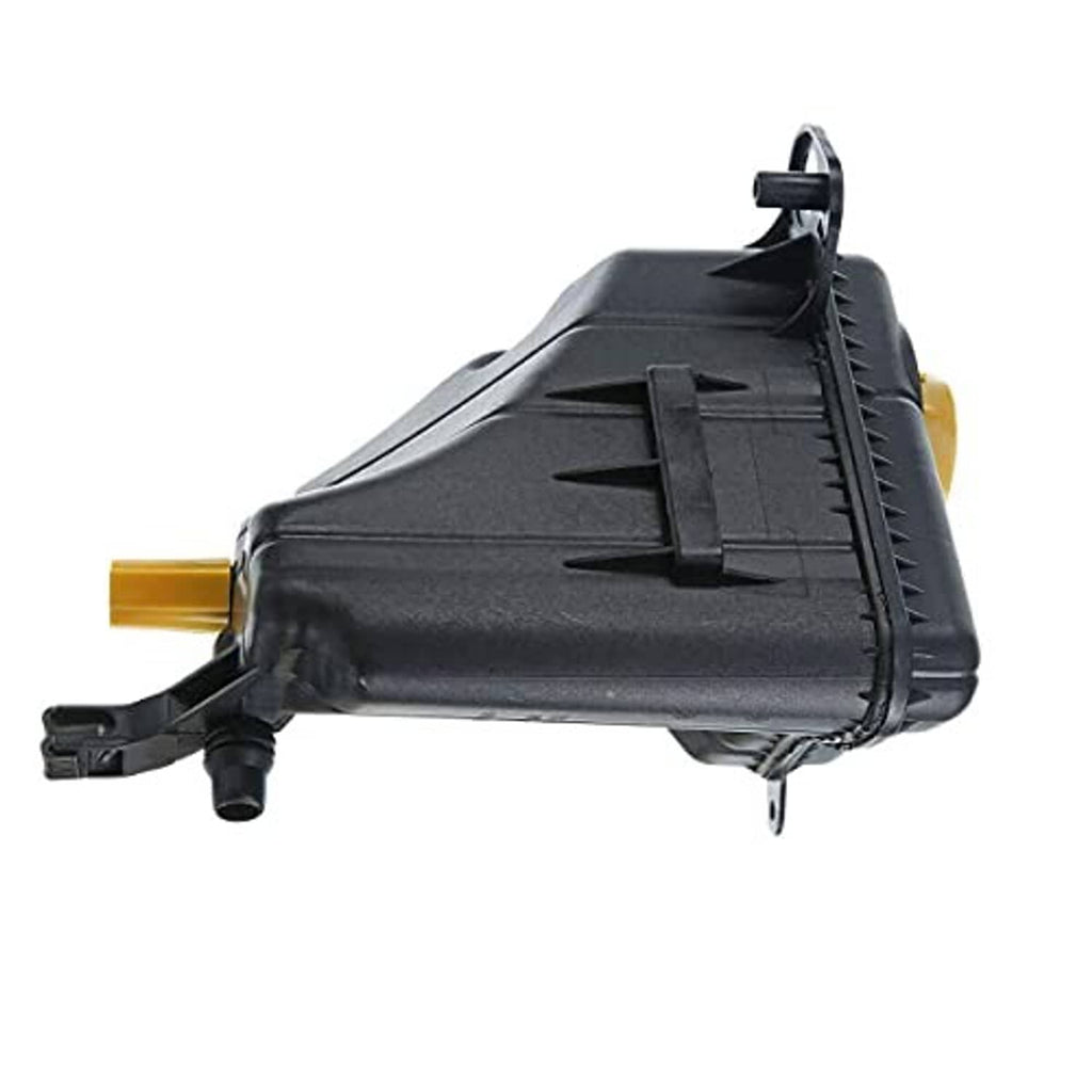 Engine coolant recovery overflow reservoir tank, side view, black plastic with yellow cap