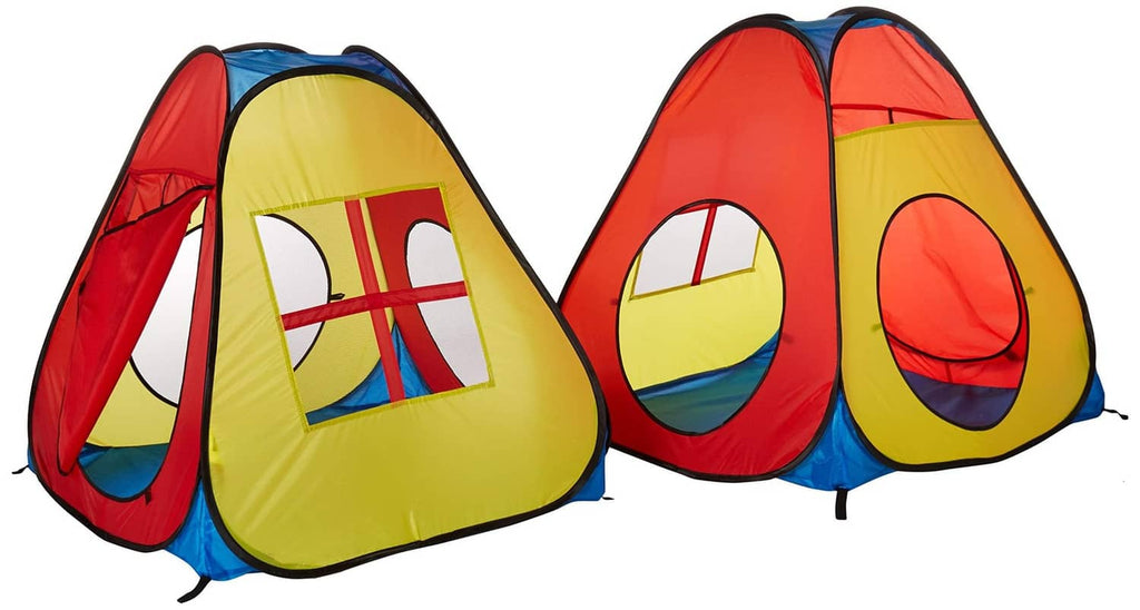 Kids play teepee tents, red and yellow fabric with side windows and blue trim