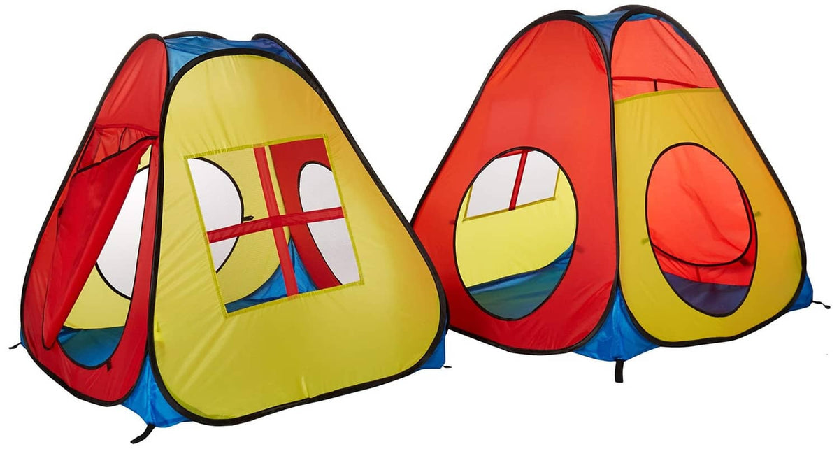 Kids play teepee tents, red and yellow fabric with side windows and blue trim