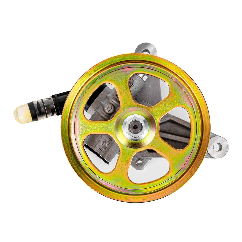 Power steering pump with rainbow-gold pulley, central cap, and black hose fitting