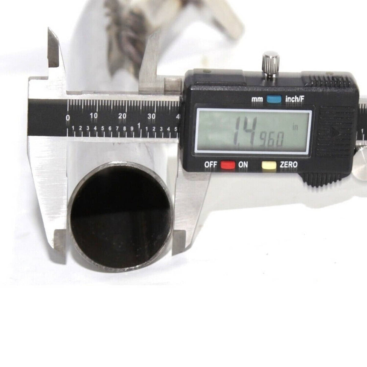 Stainless steel dump tube diameter measured with digital caliper