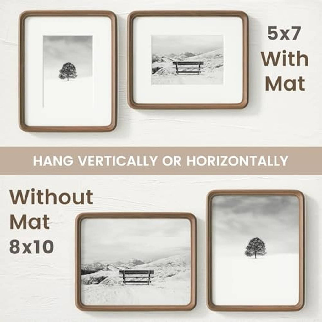 Walnut 8x10 picture frame set showing versions with and without white mat
