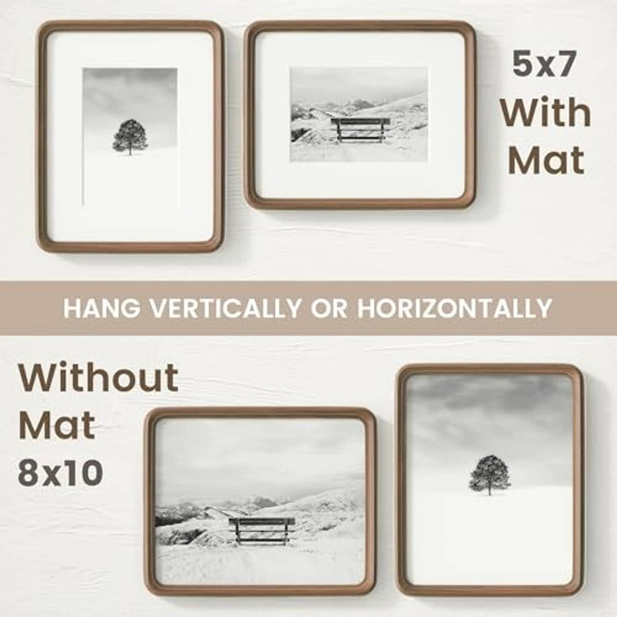 Walnut 8x10 picture frame set showing versions with and without white mat