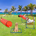 Dog agility training obstacle set with blue hurdles, red hoop, and orange tunnels