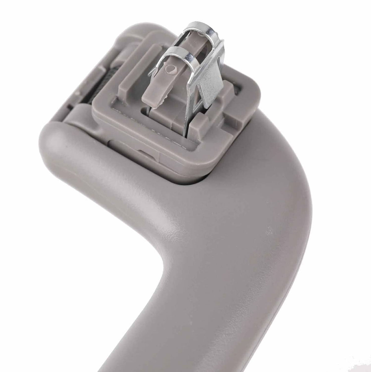 Close-up of gray roof grab handle base with latch and mounting hardware