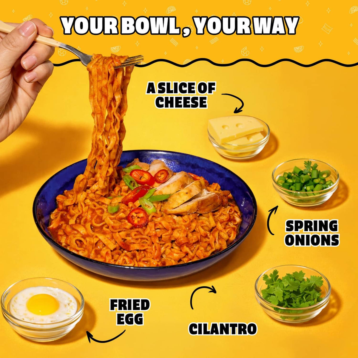 Saucy Noods spicy chicken noodles bowl with fried egg, cheese, herbs