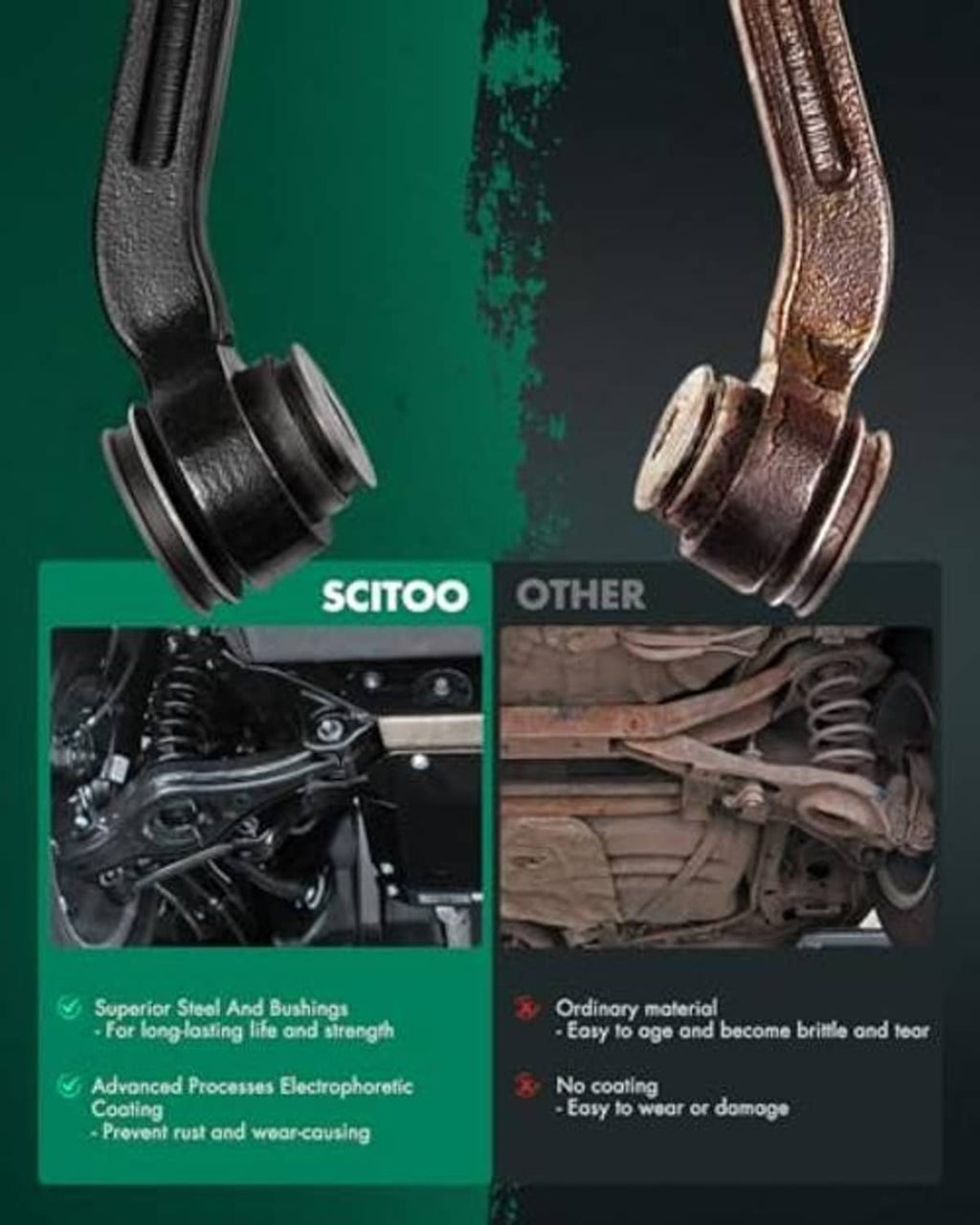 Control arm bushing material comparison with front and rear suspension examples