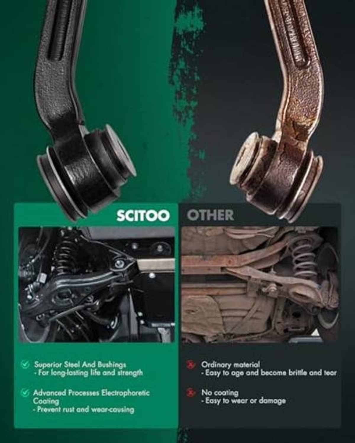 Control arm bushing material comparison with front and rear suspension examples