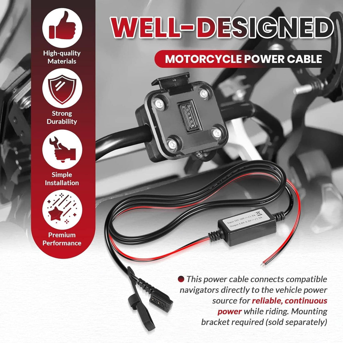 Motorcycle power cable kit with controller module and coiled black/red wiring