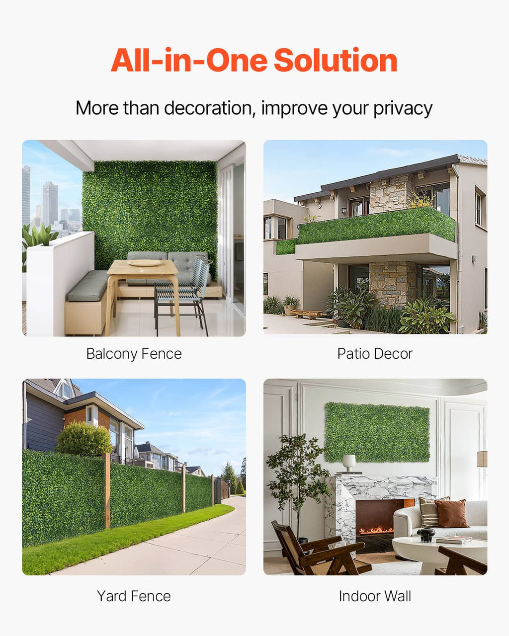 Green artificial grass privacy screen for balcony, patio, yard fence, and indoor wall