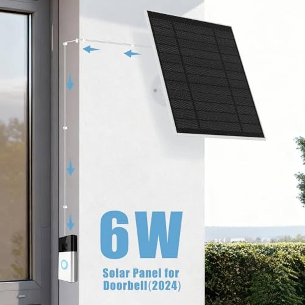 6W solar panel mounted on outdoor wall beside a white doorbell housing