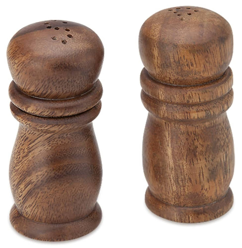 Pair of brown acacia wood salt & pepper shakers, round perforated lids