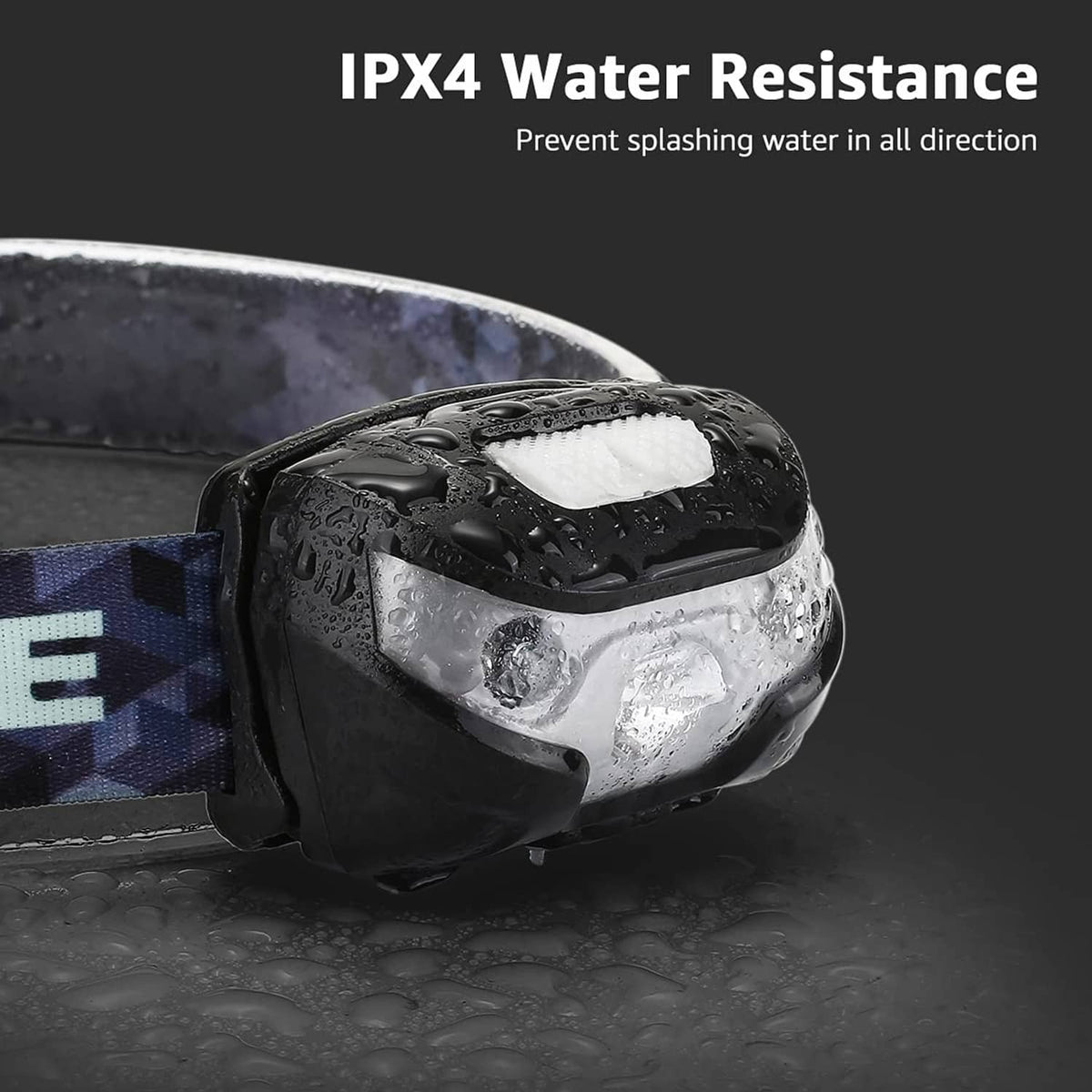 Lepro LED headlamp with IPX4 water resistance detail, droplets on front lens