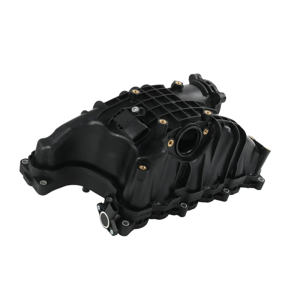 Black intake manifold assembly from the side with circular intake opening and mounts