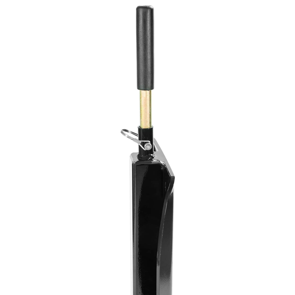 Black steel RV spare tire carrier with vertical post and lift mechanism