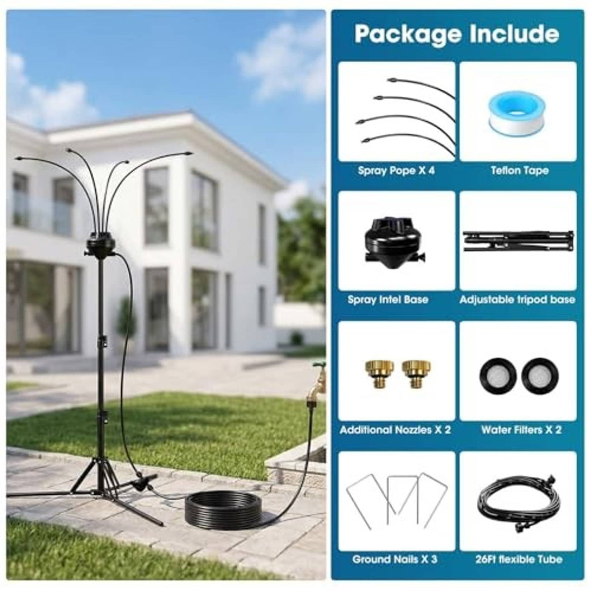 Outdoor misting system on adjustable tripod with multiple spray nozzles and base
