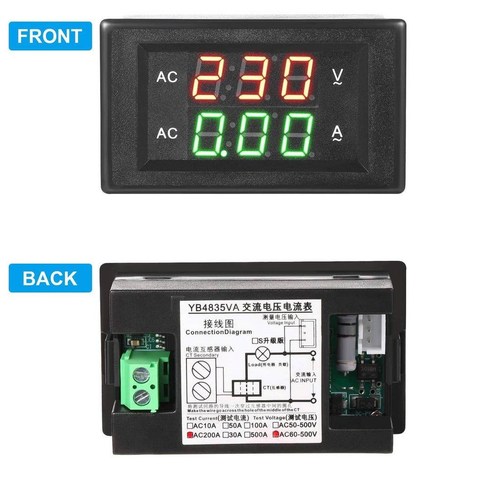 Front and back of black digital volt-amp meter with red voltage and green current LED display.