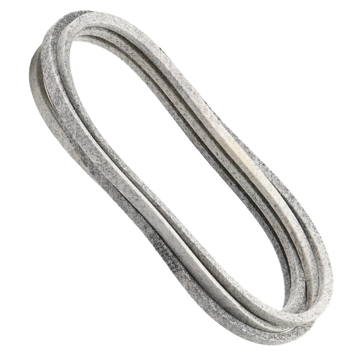Gray V-belt laid flat, showing textured exterior and inner grooves