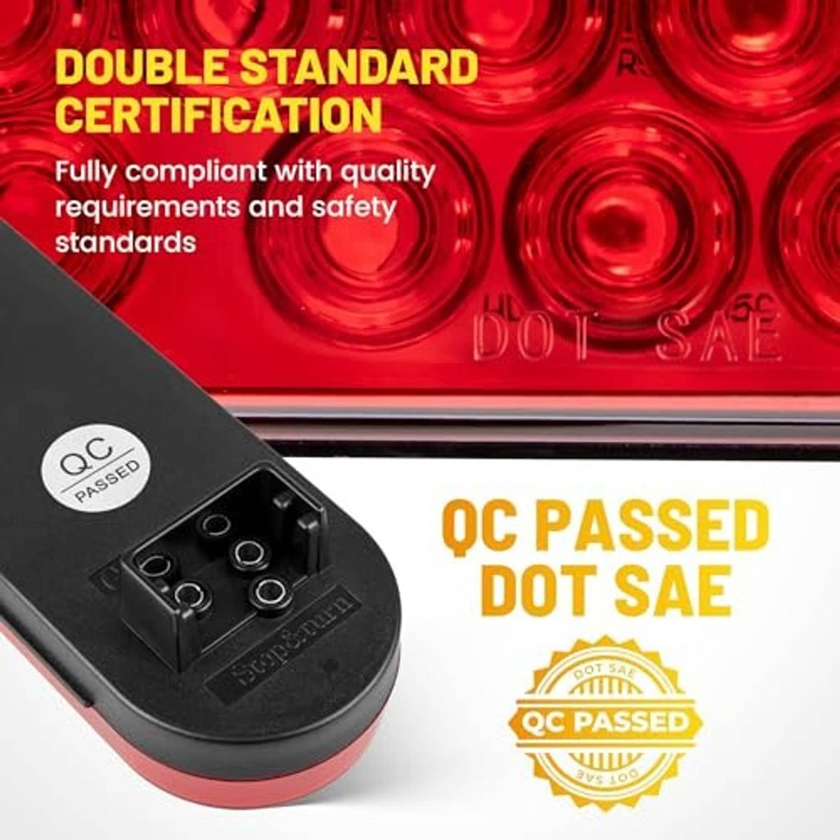 Oval red LED trailer tail light with black mounting base and quality-check badge