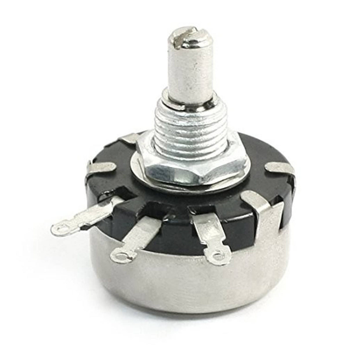 Metal potentiometer with threaded shaft, black insert, and three bent solder terminals