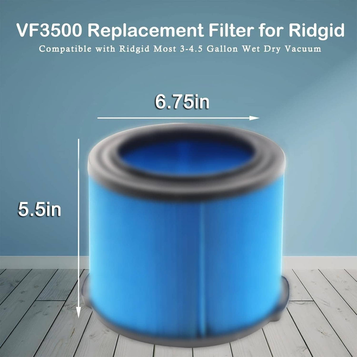 Blue pleated cylindrical vacuum replacement filter with shown dimensions