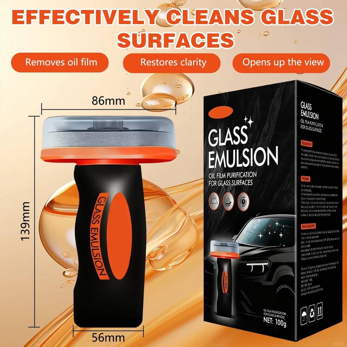 Glass emulsion oil film remover bottle with orange top and boxed package